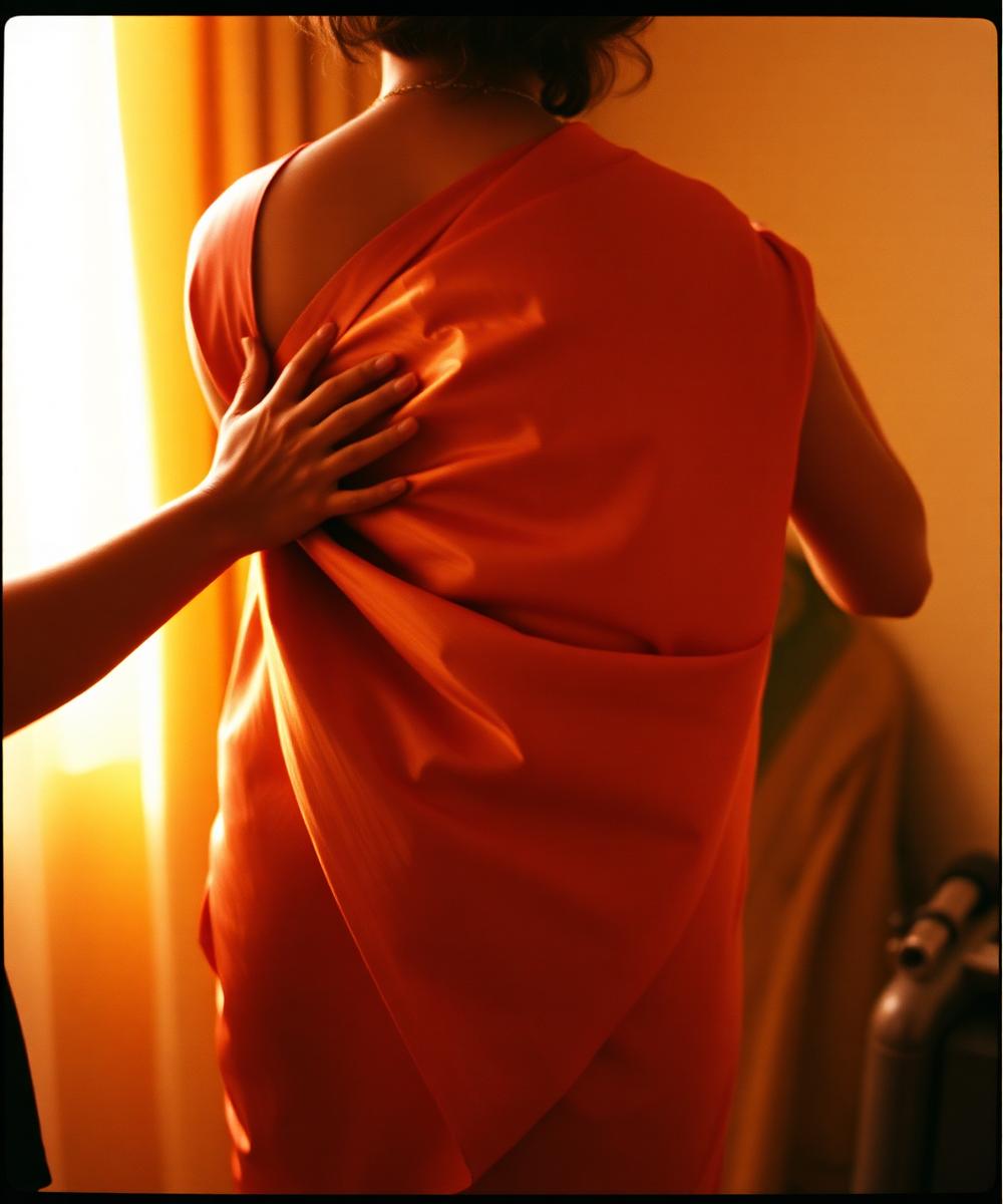 The first drape · a saffron silk finding its shoulder.